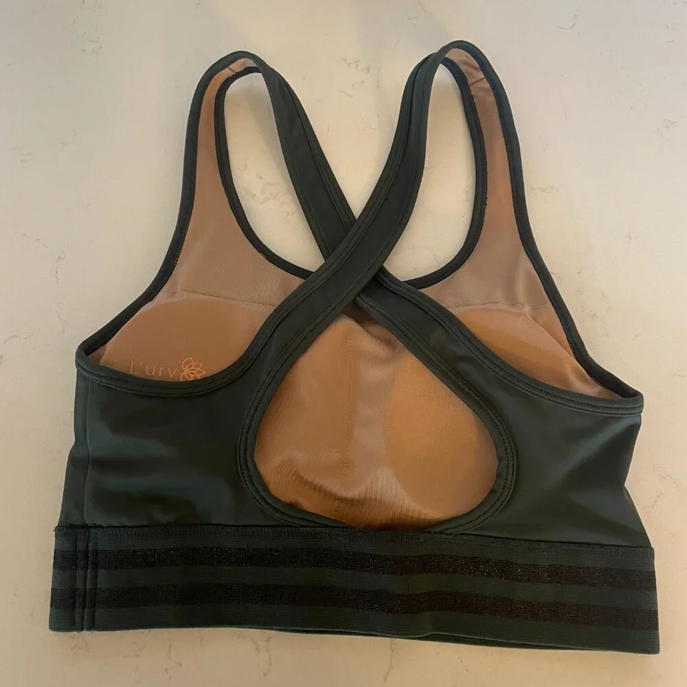 L'urv Green Sports Bra with Sparkle Black Border Stripe, Criss-Cross Back, Small